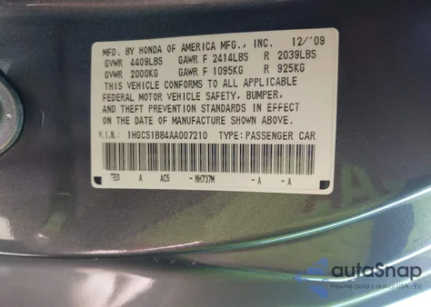 2010 Honda Accord 2.4 Ex-L z USA, uszkodzony, nr VIN 1HGCS1B84AA007210